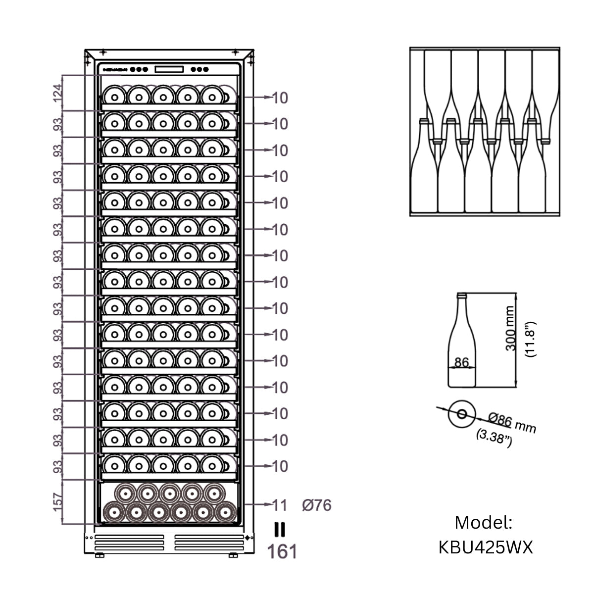 Detailed illustration of KingsBottle wine cooler bottle configuration, demonstrating how 159 bottles can be arranged on beech wood shelves.