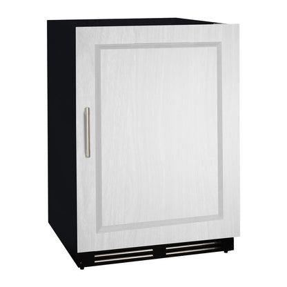 Dual zone Allavino wine refrigerator with a white overlay panel matching sleek cabinetry