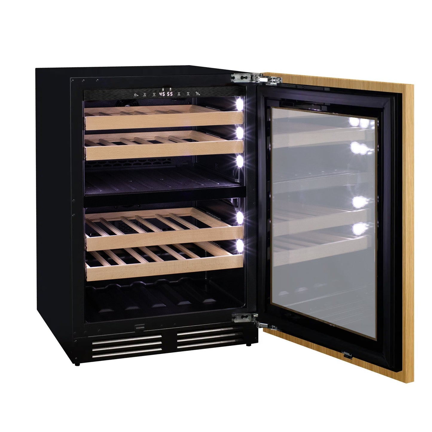 UV-protected glass door on Allavino VCWR-24PRD-2R wine refrigerator with seamless black frame design