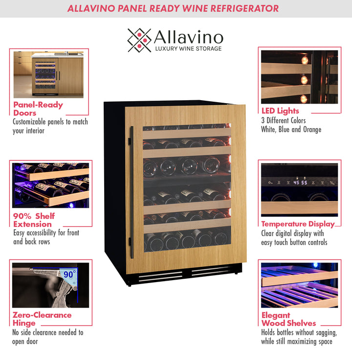 Close-up of Allavino VCWR-24PRD-2R’s 3-color LED lighting system showcasing a sleek wine collection