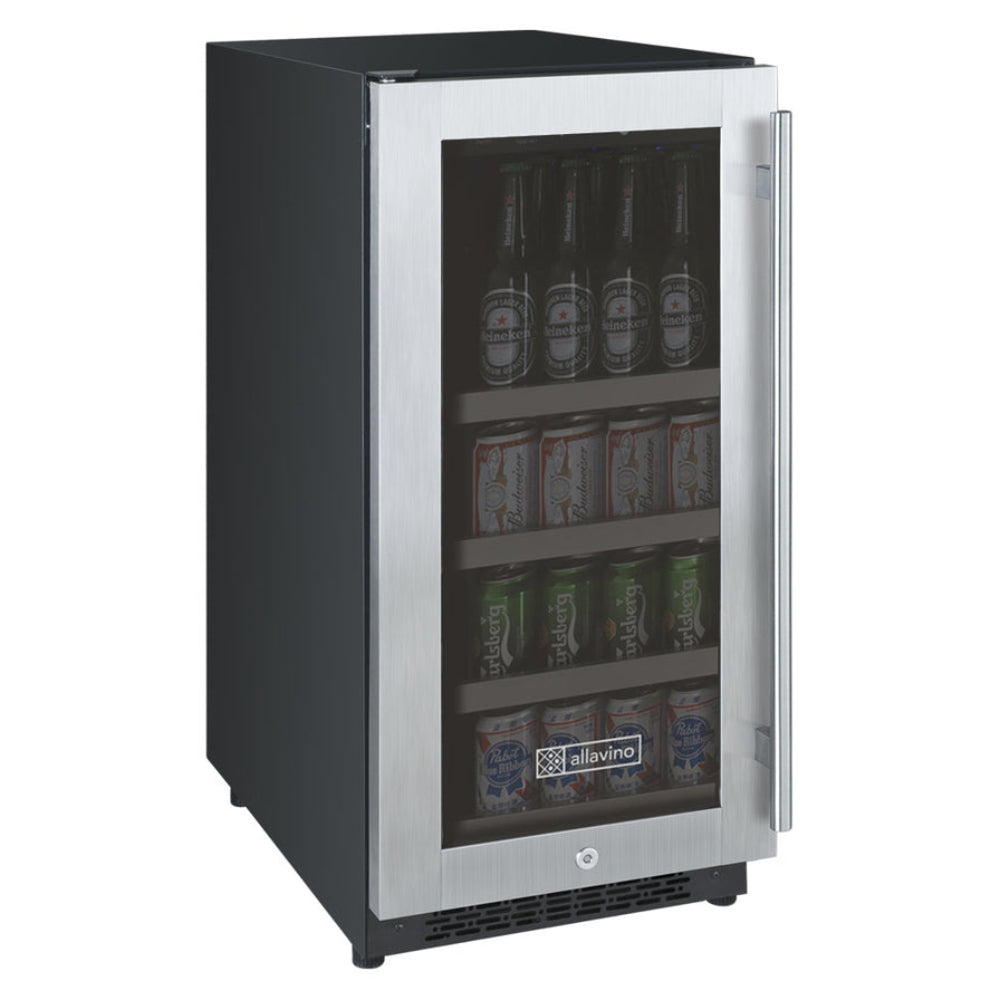 Allavino 15-inch stainless steel beverage center with left-hinge door and Tru-Vino cooling technology