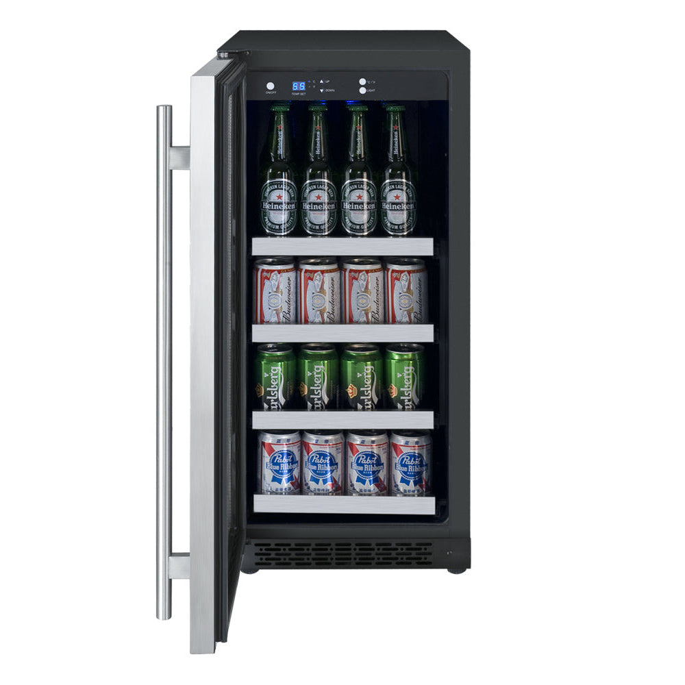 open door of Allavino 15-inch stainless steel beverage center with left-hinge door and Tru-Vino cooling technology