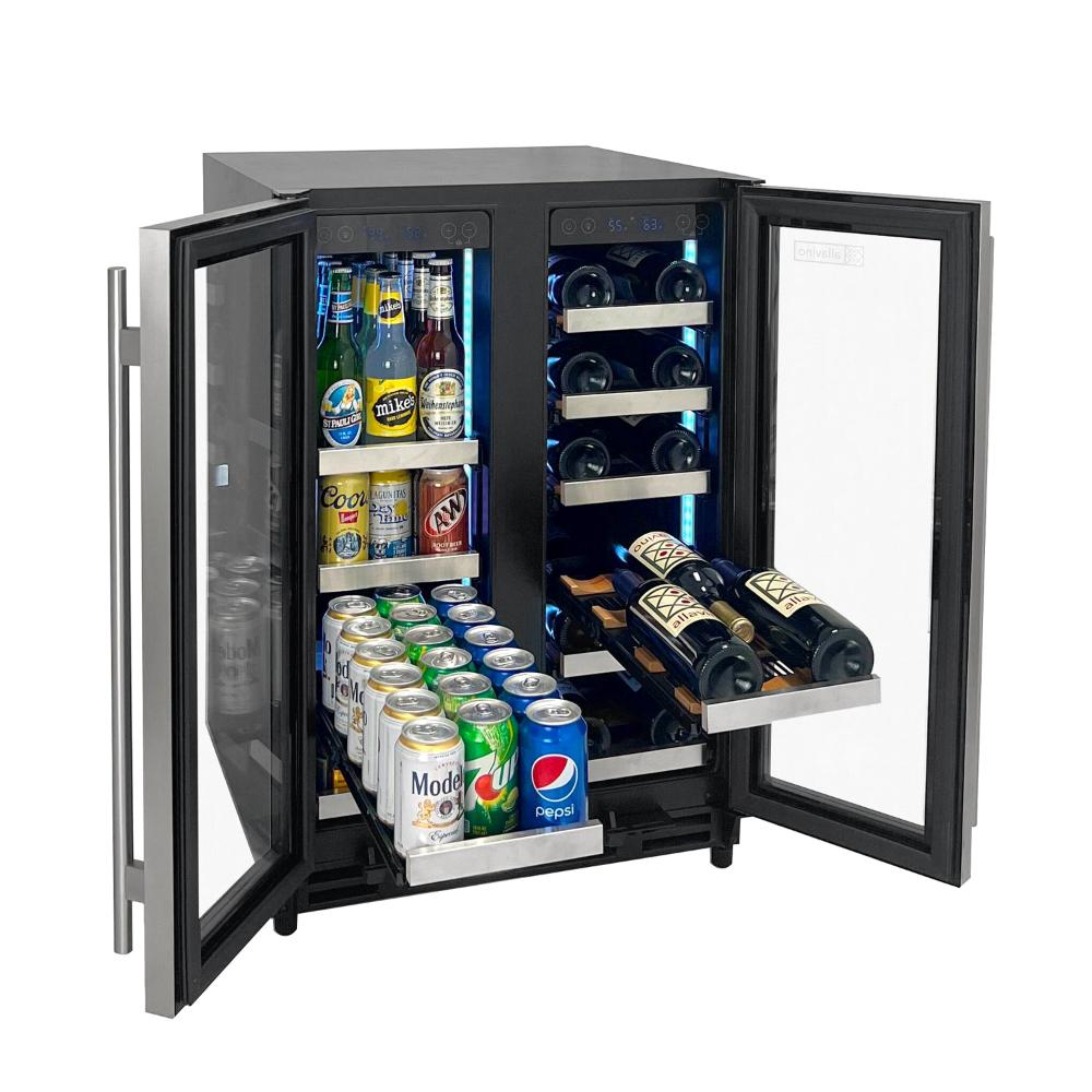 Built-in undercounter wine cooler with customizable LED lighting.