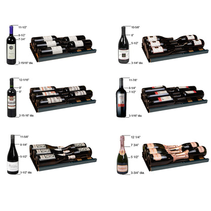 Close-up of the Reserva Series 67 Bottle Wine Refrigerator with 14 adjustable shelves, holding a variety of wine bottles in both standard and larger formats, neatly organized in dual cooling zones