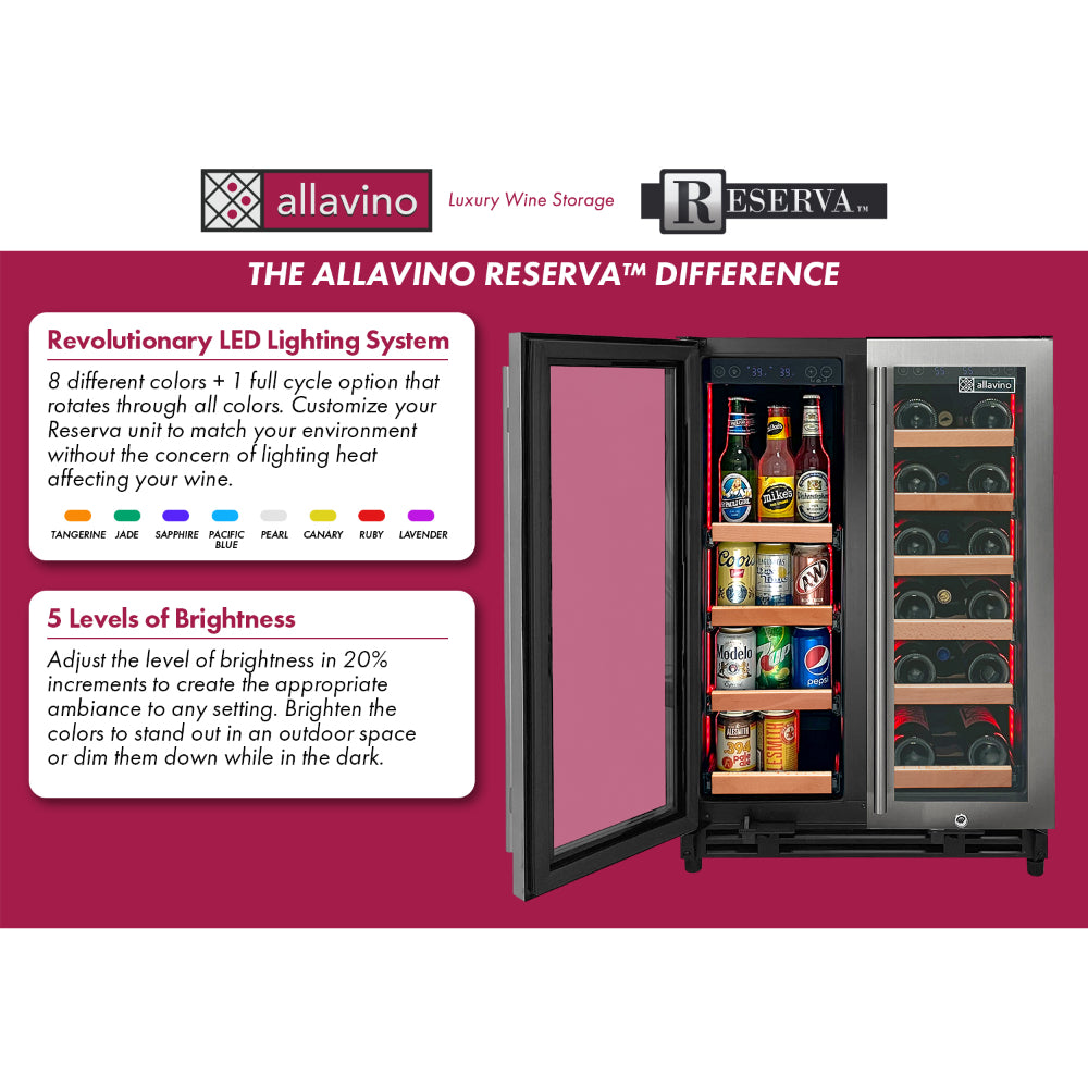 Allavino Reserva Series 24” Two Door Stainless Steel Wine Refrigerator and Beverage Center with Wood Front Shelves