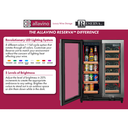 Allavino Reserva Series 24” Two Door Stainless Steel Wine Refrigerator and Beverage Center with Wood Front Shelves