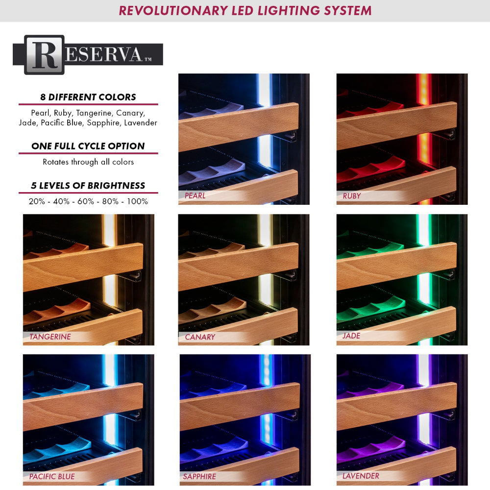 18 Bottle and 66 Can Wine Cooler with customizable multi-color LED lighting and two doors.
