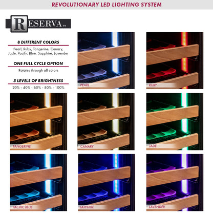 18 Bottle and 66 Can Wine Cooler with customizable multi-color LED lighting and two doors.
