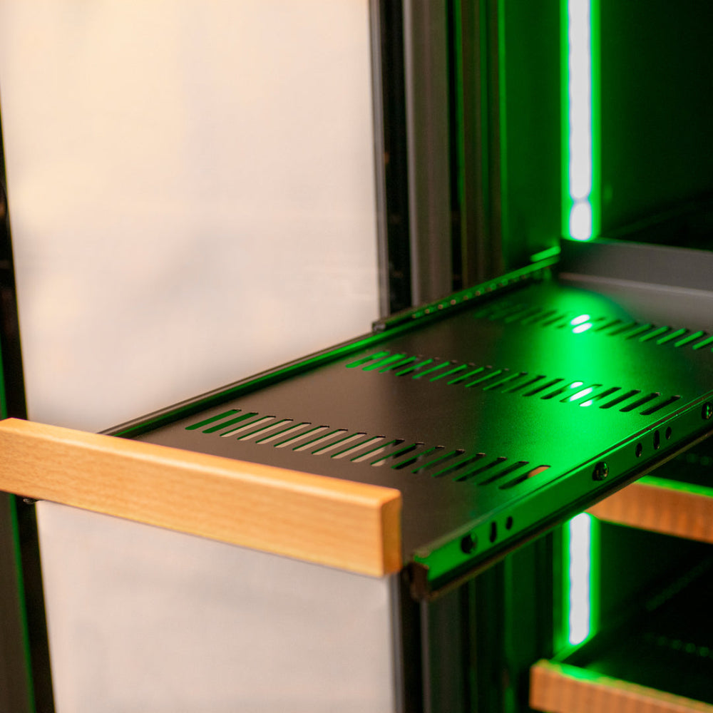 Reserva Series Stainless Steel Wine Fridge with wood shelving for 18 bottles and 66 cans of beverages.