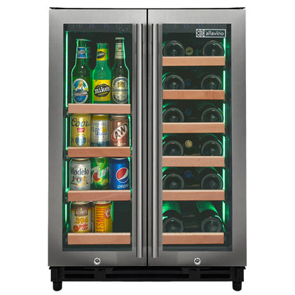 Allavino Reserva Series 24” Two Door Stainless Steel Wine Refrigerator and Beverage Center with Wood Front Shelves