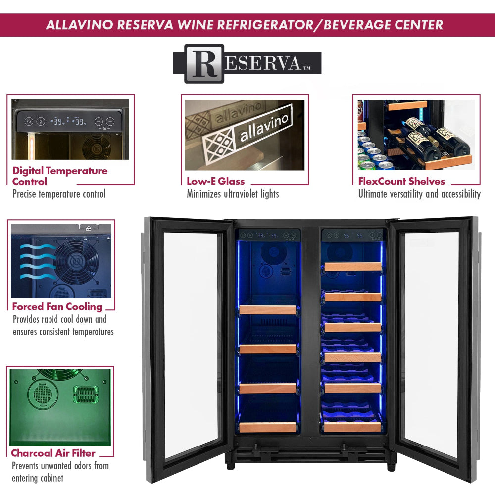 Dual Cooling Zones Wine Cooler for wine and cans with wood-front shelves and energy-efficient LED lighting.