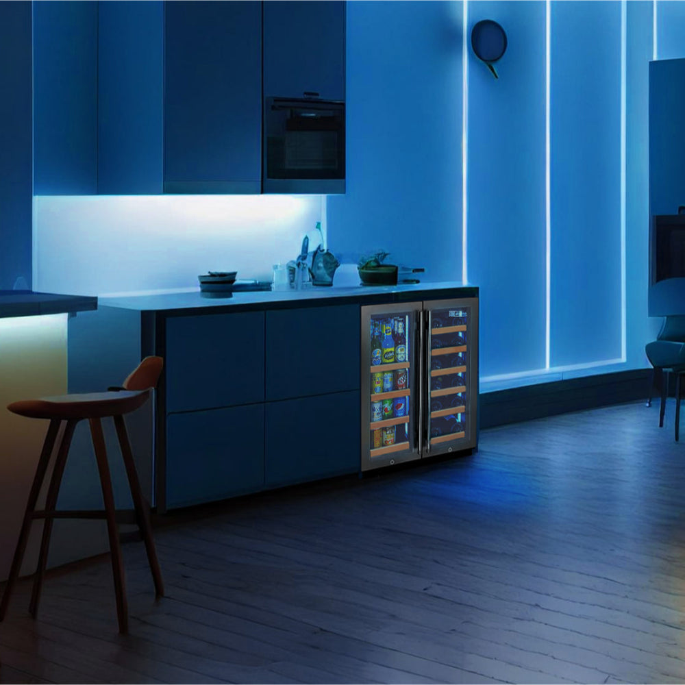 All-in-One Wine and Beverage Storage Center with dual cooling zones and a sleek stainless steel design shown lit up in modern kitchen