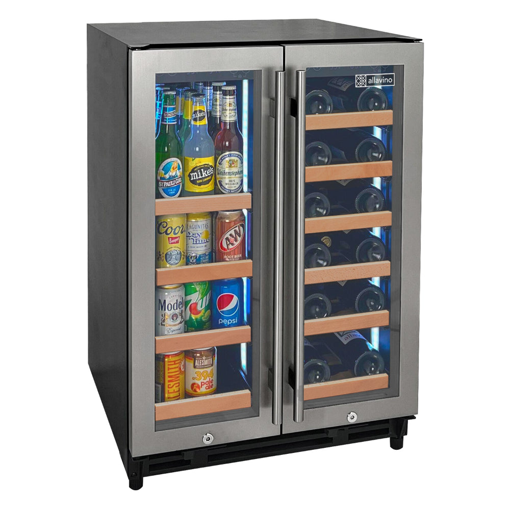 Reserva Series Wine Refrigerator/Beverage Center with sleek stainless steel doors and customizable LED lighting.