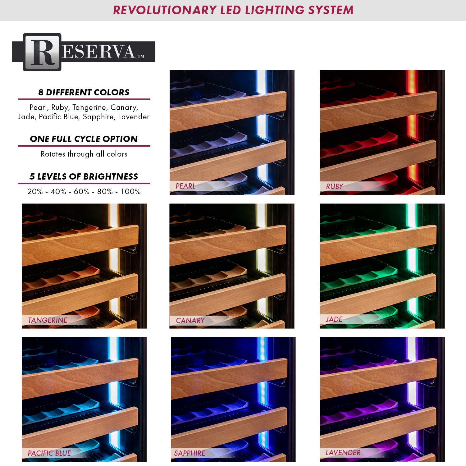 Customizable LED lighting in the Allavino wine refrigerator, cycling through 7 vibrant color options.