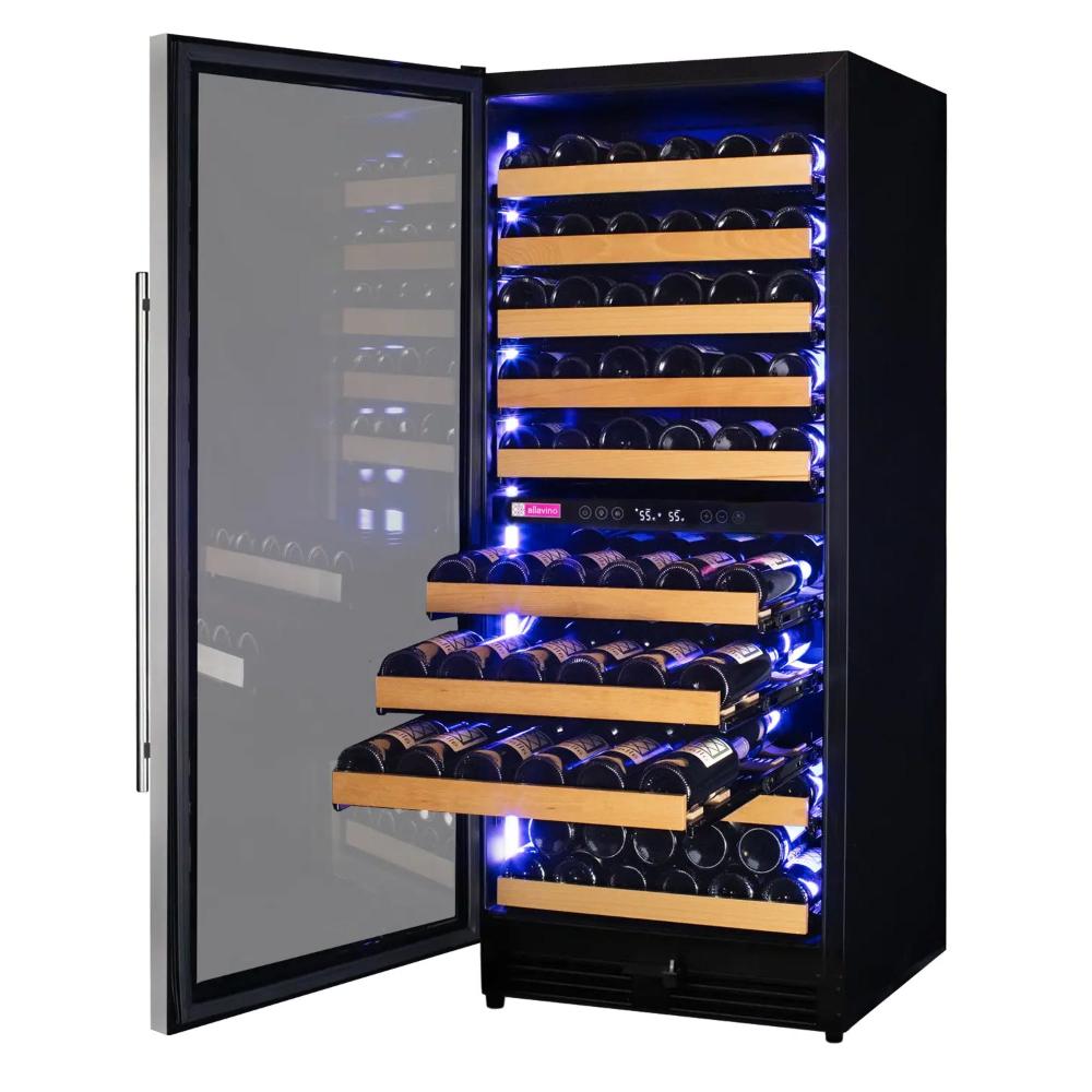 Luxury wine refrigerator with wood-front shelving and LED lights