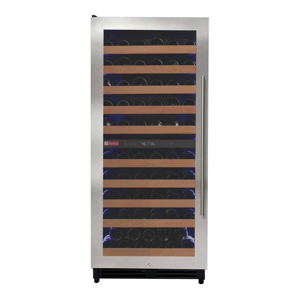 stainless steel dual-zone wine cooler with right-hinged glass door