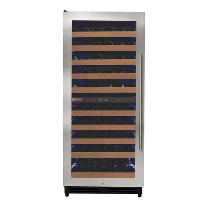 stainless steel dual-zone wine cooler with right-hinged glass door