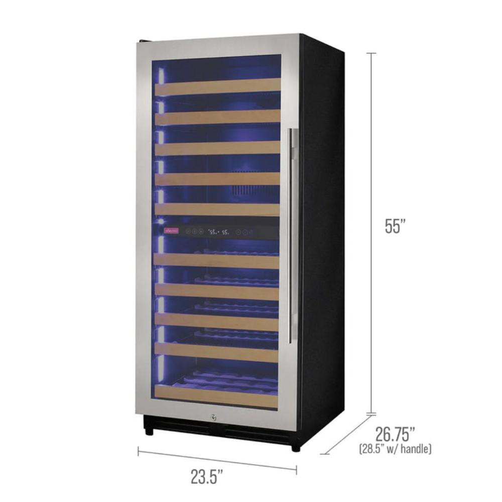 Built-in wine fridge storing 119 bottles with dual temperature zones