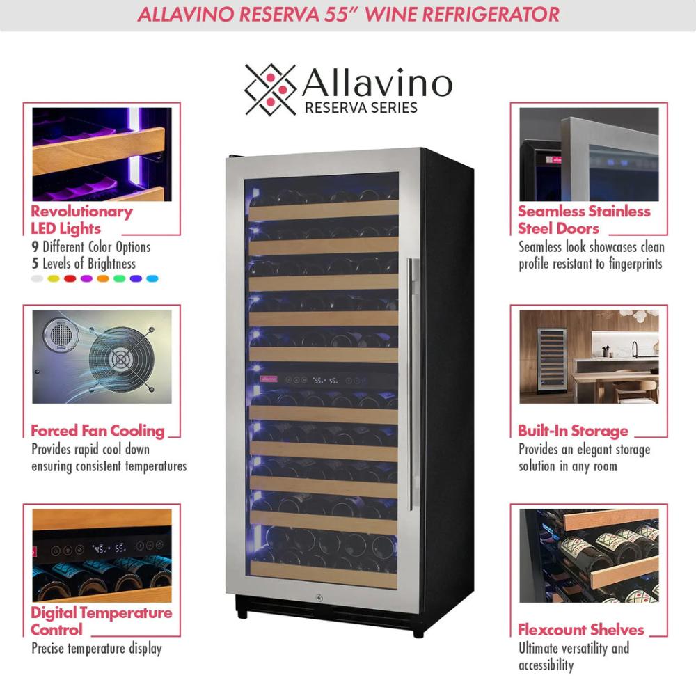 Allavino 119-Bottle Dual Zone Wine Refrigerator – 55" Tall, Stainless Steel Door, Left Hinge