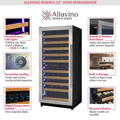 Allavino 119-Bottle Dual Zone Wine Refrigerator – 55" Tall, Stainless Steel Door, Left Hinge