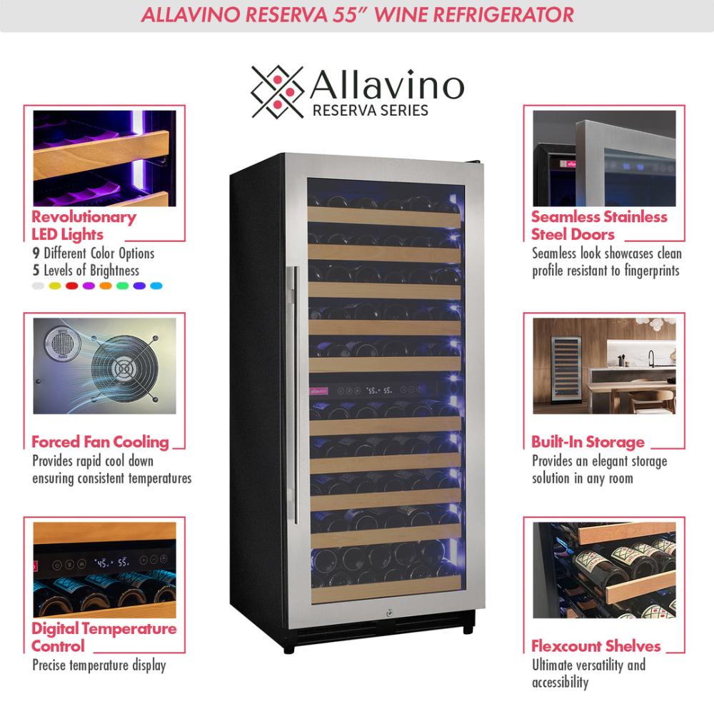 Allavino 119-Bottle Single Zone Wine Refrigerator – 55" Tall, Stainless Steel Door, Right Hinge