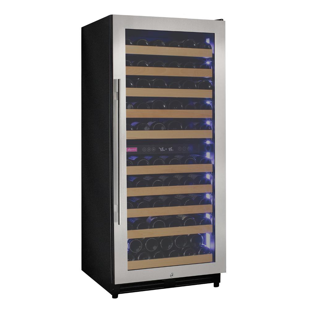 Dual-zone 119-bottle stainless steel wine cooler with glass door