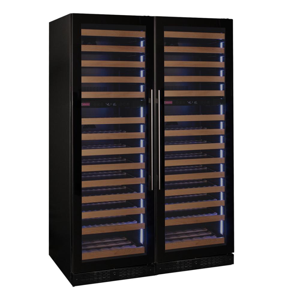 Dual-zone stainless steel wine cooler with French doors and black metal body.
