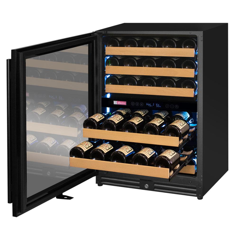 Interior view of glide-out wooden shelves storing wine