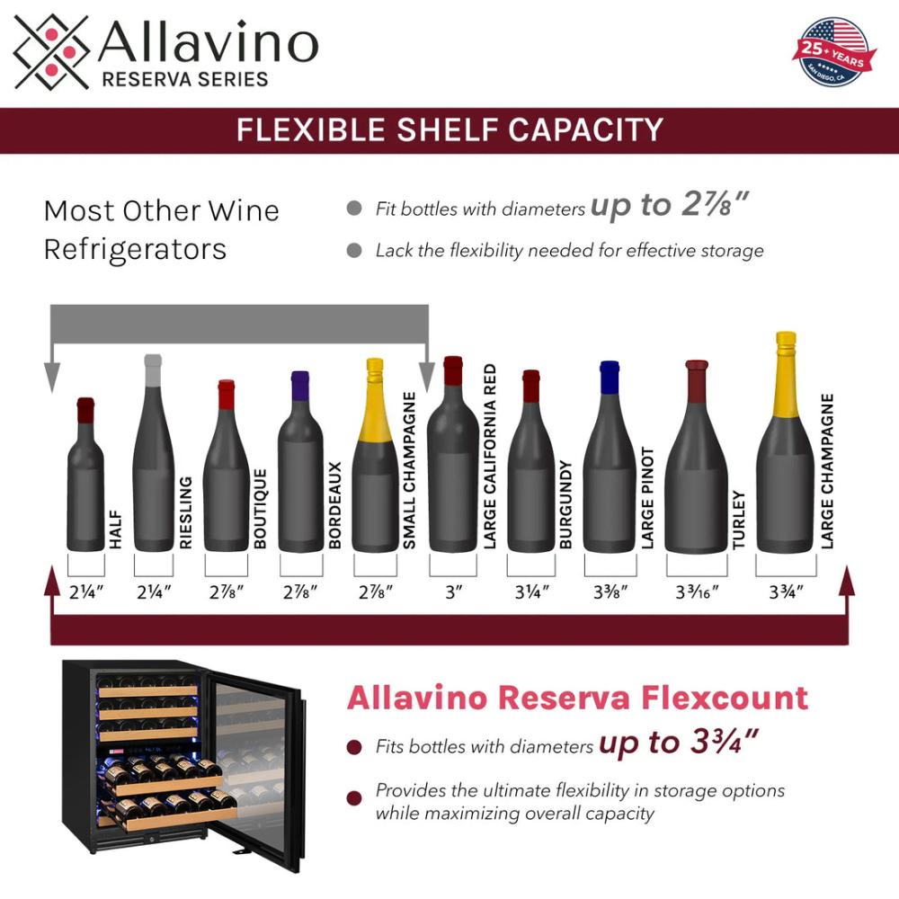 Allavino 56-Bottle Dual Zone Built-In Wine Refrigerator – Black Glass Door, Left Hinge | Reserva Series