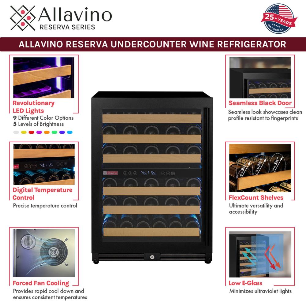 Allavino 56-Bottle Dual Zone Built-In Wine Refrigerator – Black Glass Door, Left Hinge | Reserva Series