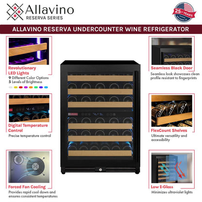 Allavino 56-Bottle Dual Zone Built-In Wine Refrigerator – Black Glass Door, Left Hinge | Reserva Series