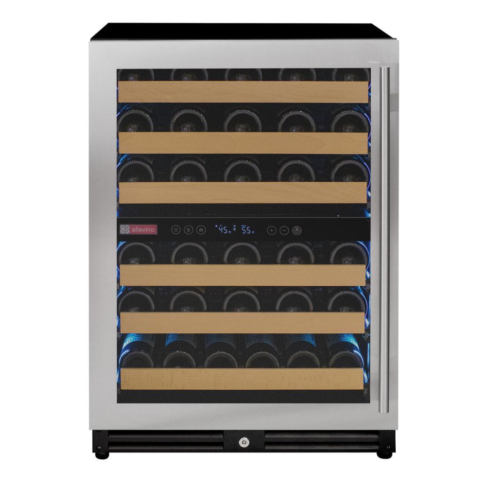 Built-in stainless steel wine cooler with wood shelves