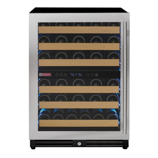 Built-in stainless steel wine cooler with wood shelves