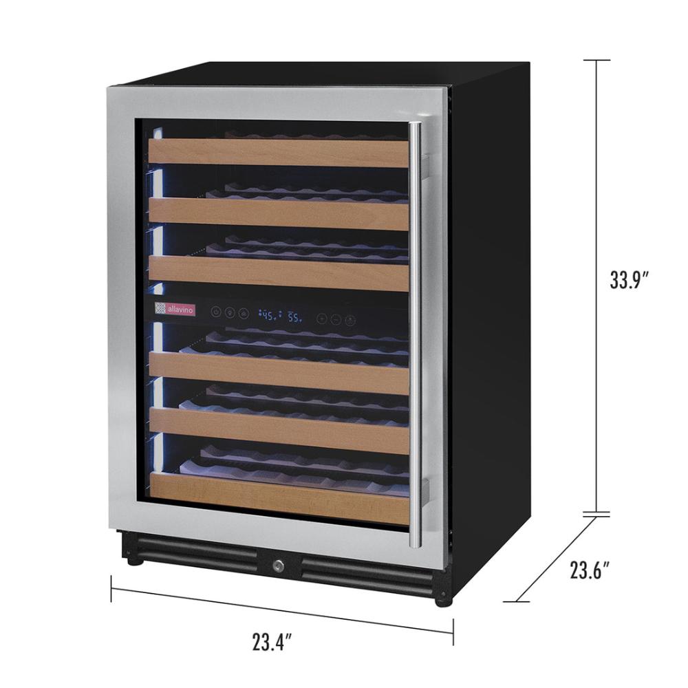 Glide-out shelves inside wine cooler holding wine bottles
