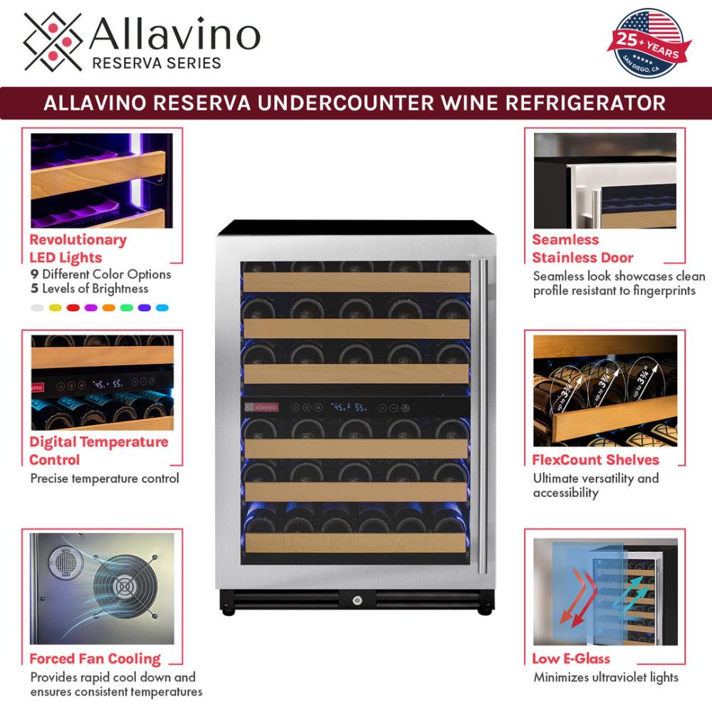 Allavino 56-Bottle Single Zone Built-In Wine Refrigerator – Stainless Steel Door, Left Hinge | Reserva Series