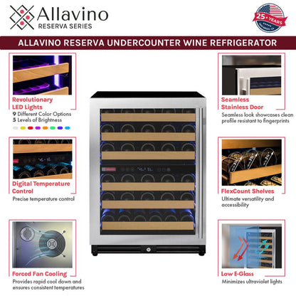 Allavino 56-Bottle Single Zone Built-In Wine Refrigerator – Stainless Steel Door, Left Hinge | Reserva Series