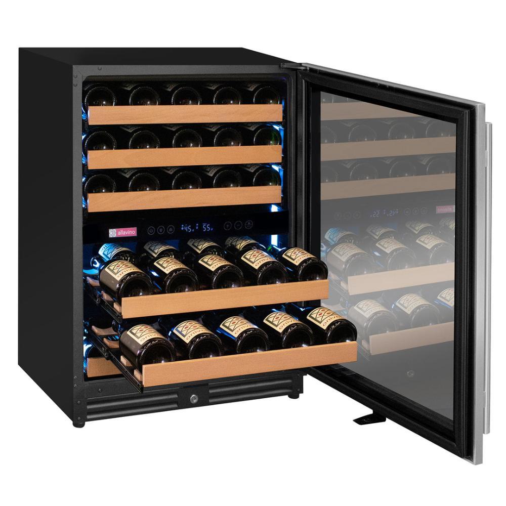 Soft LED lighting illuminating wine bottles inside cooler