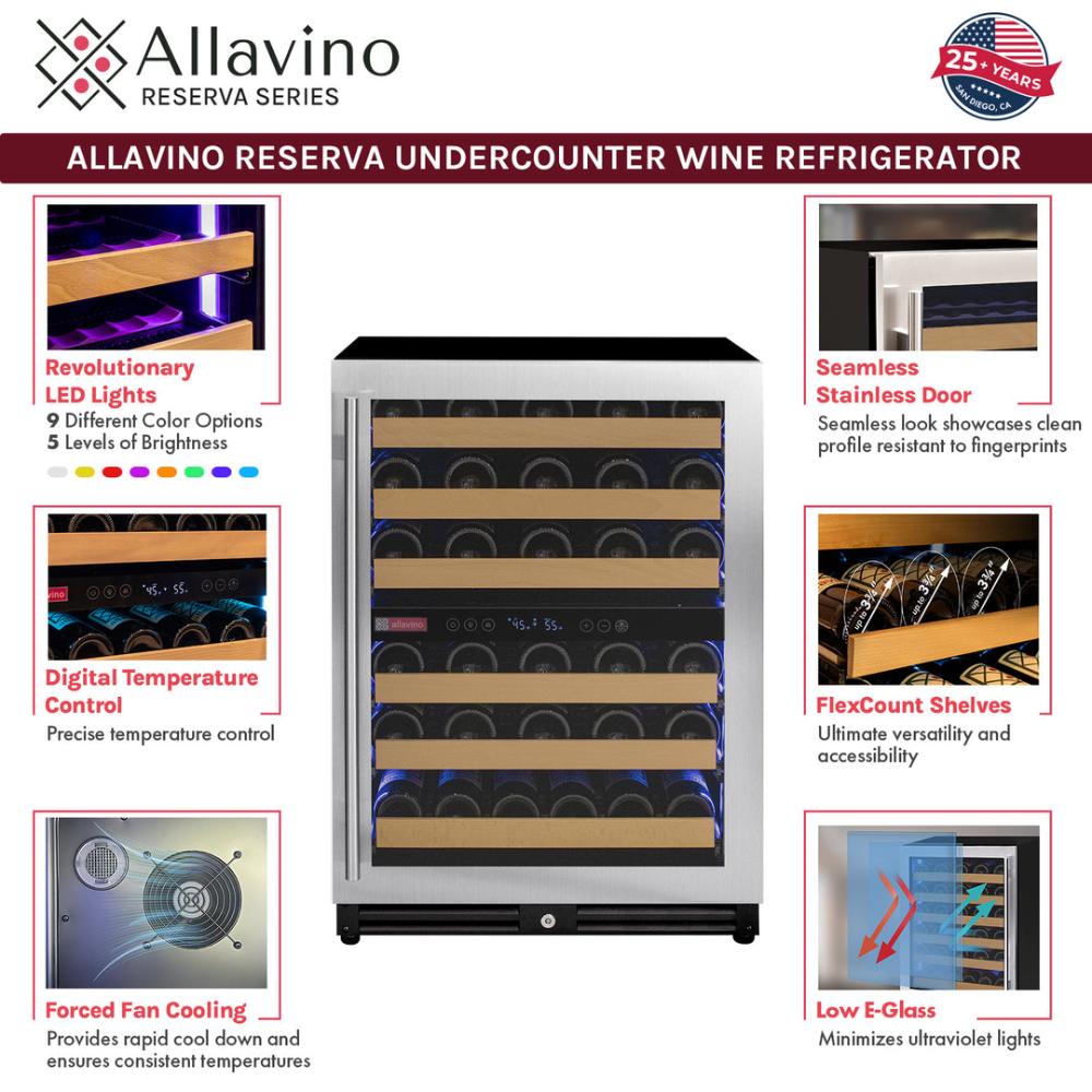 Allavino 56-Bottle Single Zone Built-In Wine Refrigerator – Stainless Steel Door, Right Hinge | Reserva Series