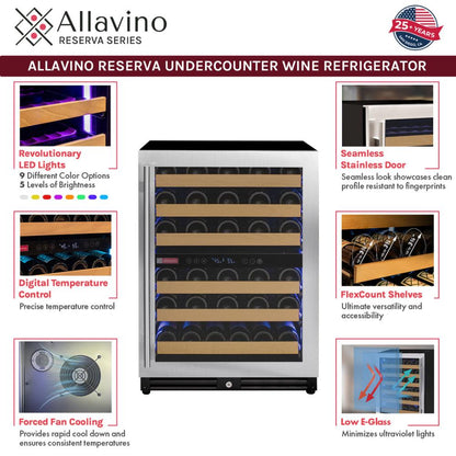 Allavino 56-Bottle Single Zone Built-In Wine Refrigerator – Stainless Steel Door, Right Hinge | Reserva Series