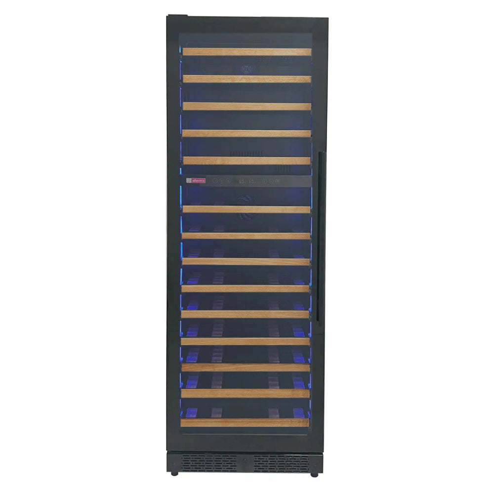 Front view of the Reserva Series 67 Bottle Dual Zone Wine Refrigerator, 71" tall, with a left-hinge glass door and sleek black finish,  wood front shelves, and shown with blue led lighting