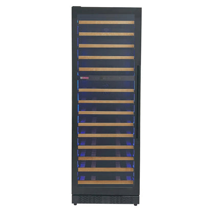 Front view of the Reserva Series 67 Bottle Dual Zone Wine Refrigerator, 71" tall, with a left-hinge glass door and sleek black finish,  wood front shelves, and shown with blue led lighting