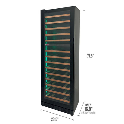 Side angle of the Reserva Series 71" Dual Zone Wine Refrigerator, highlighting its space-saving 16.8" depth and other dimensions