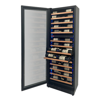 Interior of the Reserva Dual Zone Wine Cooler, featuring 14 wooden front shelves and customizable multi-color LED lighting and 67 bottle capacity