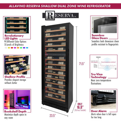 Allavino Reserva Series 134-Bottle 71" Tall Three Zone Shallow Side-by-Side Wine Refrigerator – Black Finish with Wood Front Shelves