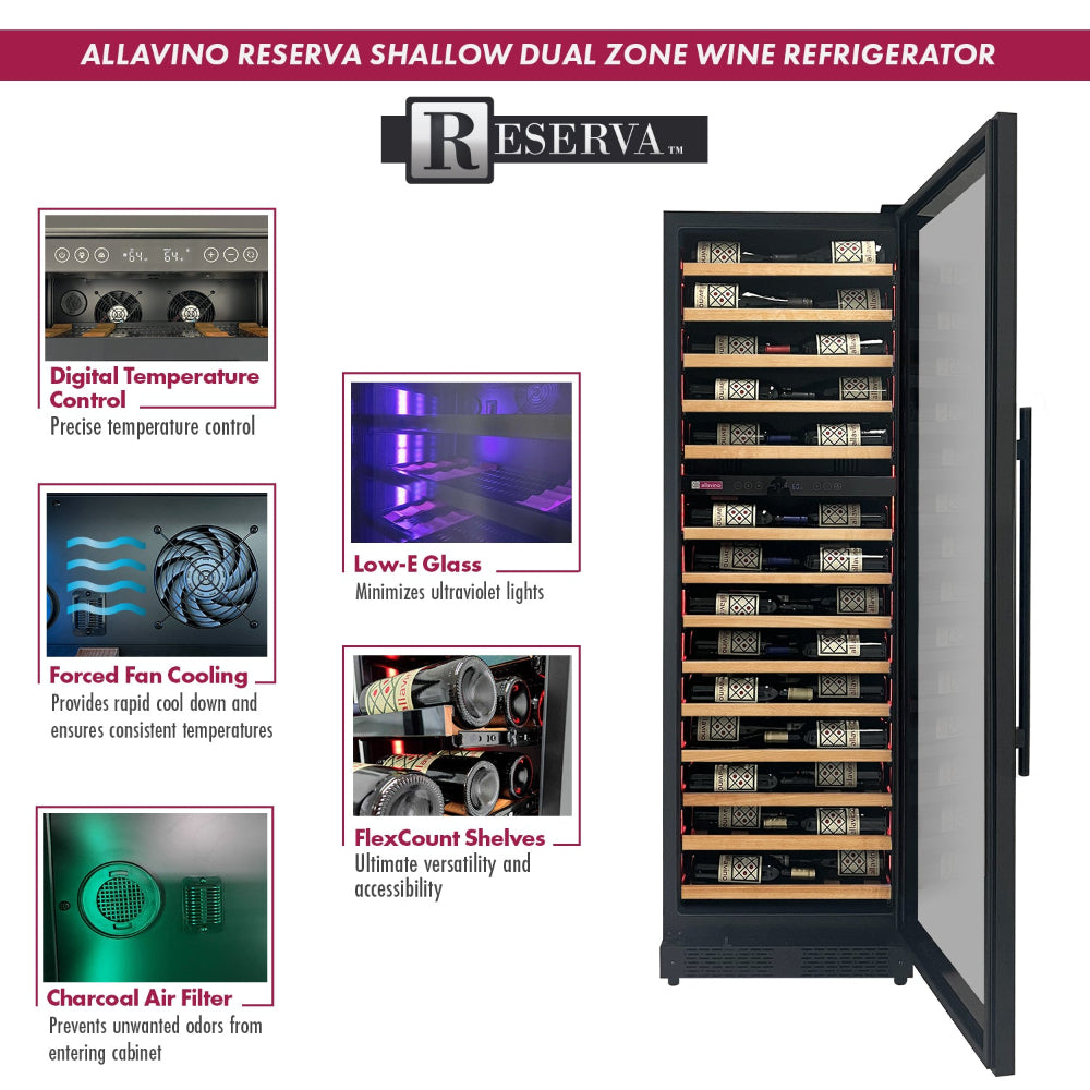 Interior of the Reserva Dual Zone Wine Cooler, showcasing 14 wooden front shelves and customizable LED lighting