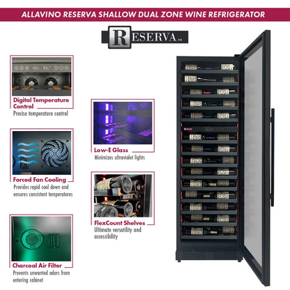 Black Reserva Series Wine Cooler with 67-bottle capacity and dual-zone temperature control, ideal for wine storage