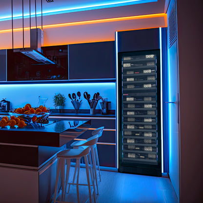 Modern kitchen with a Reserva Series black wine refrigerator displaying bottles, perfect for wine enthusiasts.