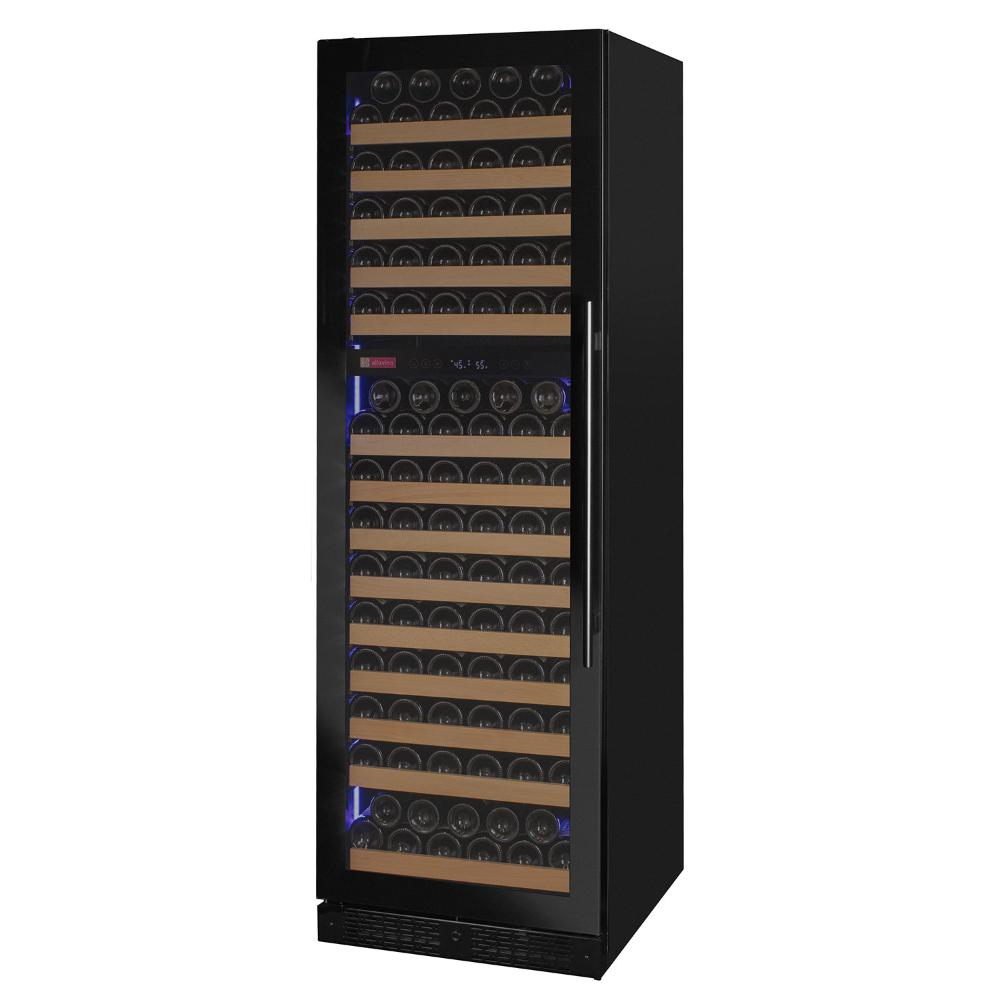 Dual-zone 24-inch wine cooler with black glass door and wood shelves