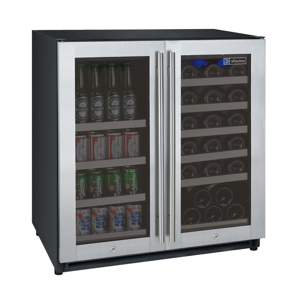 Allavino 30-inch dual-zone wine and beverage center with stainless steel French doors