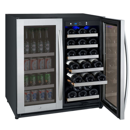 Sleek stainless steel beverage center with French doors and digital temperature control showcasing full wine storage